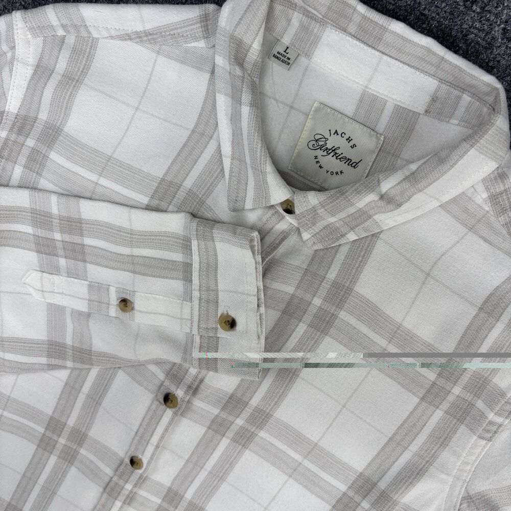 JACHS Girlfriend Women's L Plaid Flannel Shirt White Gray 65% Rayon Soft